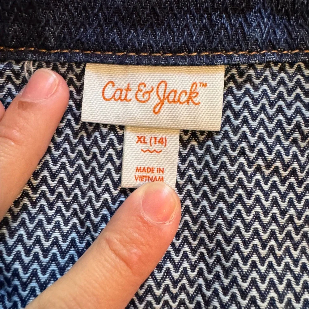 Cat & Jack Girls Dark Wash Denim Chore Jacket XL 14 Textured Chevron Indigo NWT
